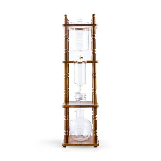 Yama Glass Cold Brew Tower – Curved Brown Wood Frame – 25 Cup (100 oz)
